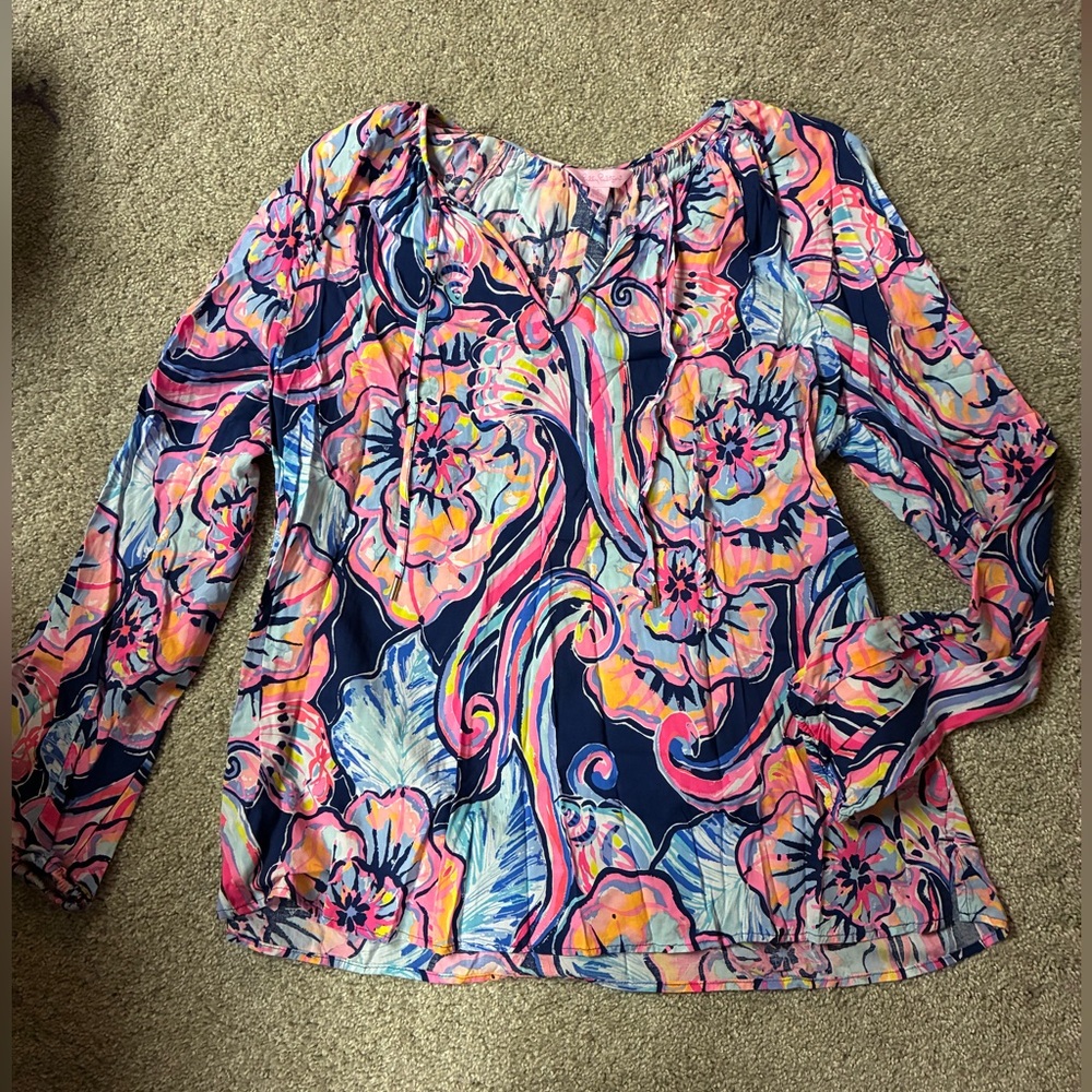 Lilly Pulitzer Navy, Pink and Coral Floral Long-Sleeve Blouse